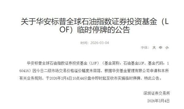 华安标普全球石油指数证券投资基金（LOF）临时停牌至收市